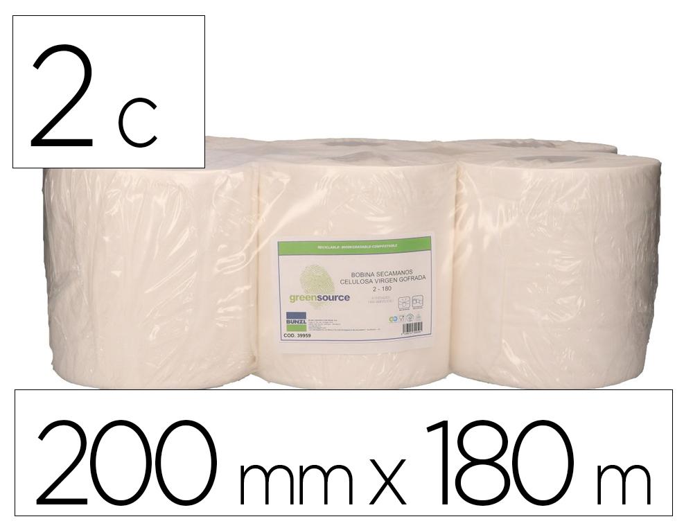 Bunzl Papel Secamanos GreenSource 2 Capas Celulosa Virgen Blanca 200 mm x 180 m Paquete 6 Rollos