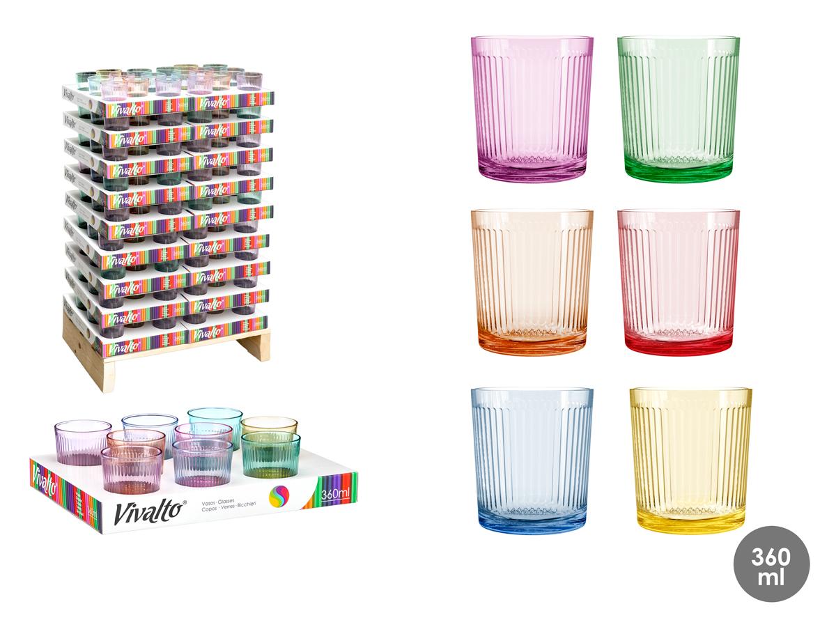 Vivalto Vaso de Vidrio con Rayas 360 ml, Surtido 6 Colores, 8.5x9.8 cm (162 Unidades)