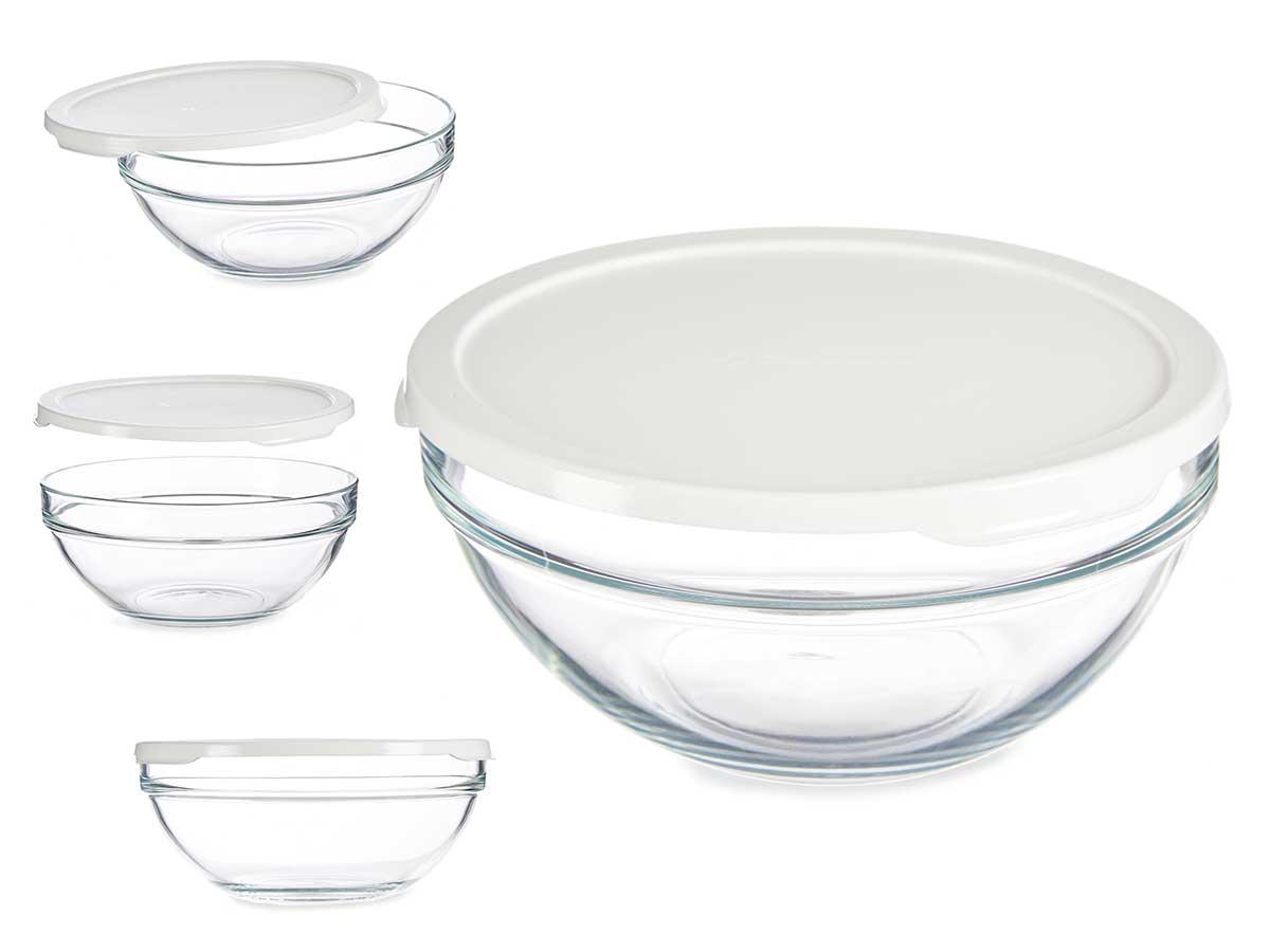 Pasabahce Fiambrera Redonda Chefs con Tapa Blanca 1700 ml, Vidrio y Plástico, 21x9x21 cm (4 Unidades)