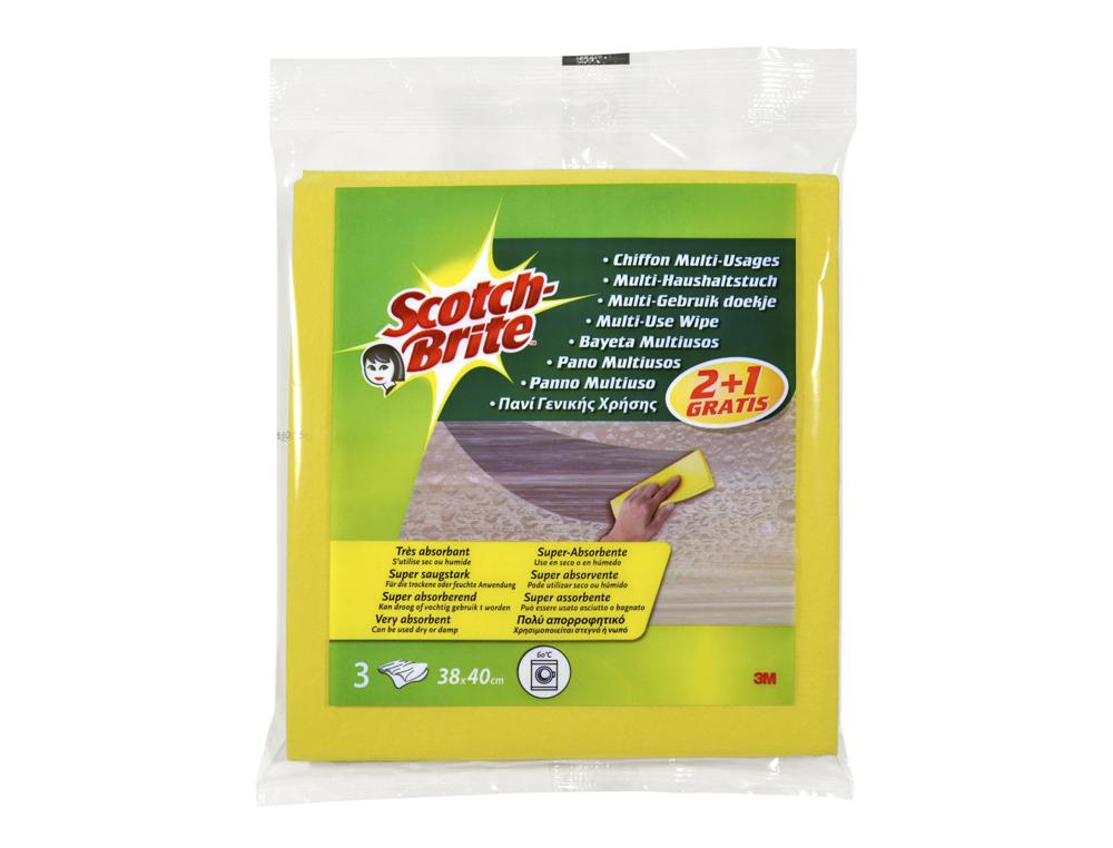 3M Scotch-Brite Bayeta Multiuso Sintética Amarilla 380x400 mm - Pack 2+1 Unidades Gratis para Cristales y Superficies