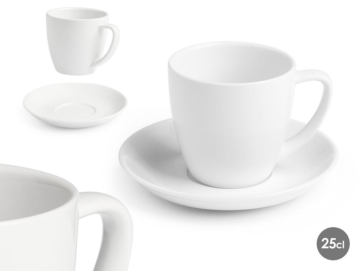 Vessia Taza de Café y Plato a juego, Porcelana Blanca, 250 ml de capacidad. Dimensiones Taza: 11x8.5x8 cm, Plato: 14.2x14.2x2 cm. (24 Unidades)