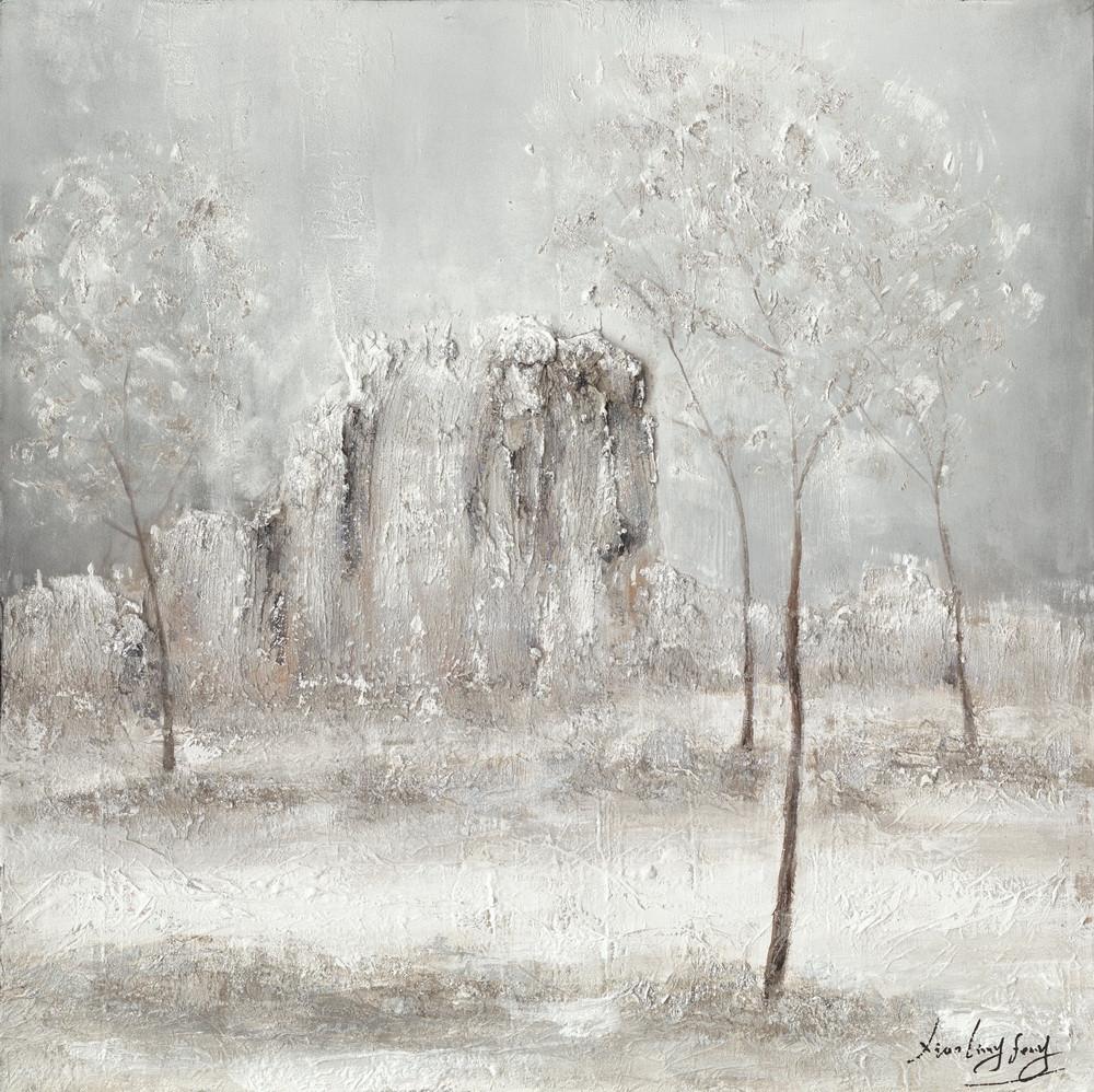 DKD Home Decor Cuadro 100% Pintado a Mano sobre Lienzo, Estilo Cottage con Árboles, Gris Beige Blanco 100x100 cm - Set de 2 Cuadros