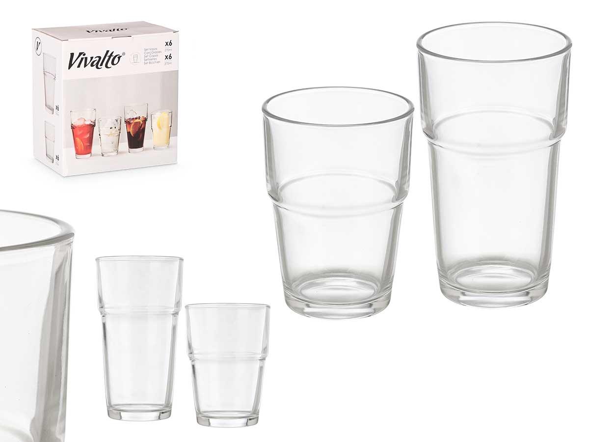 Vivalto Set de 12 Vasos Apilables de Cristal, 270 ml y 370 ml, Transparente (4 Unidades)