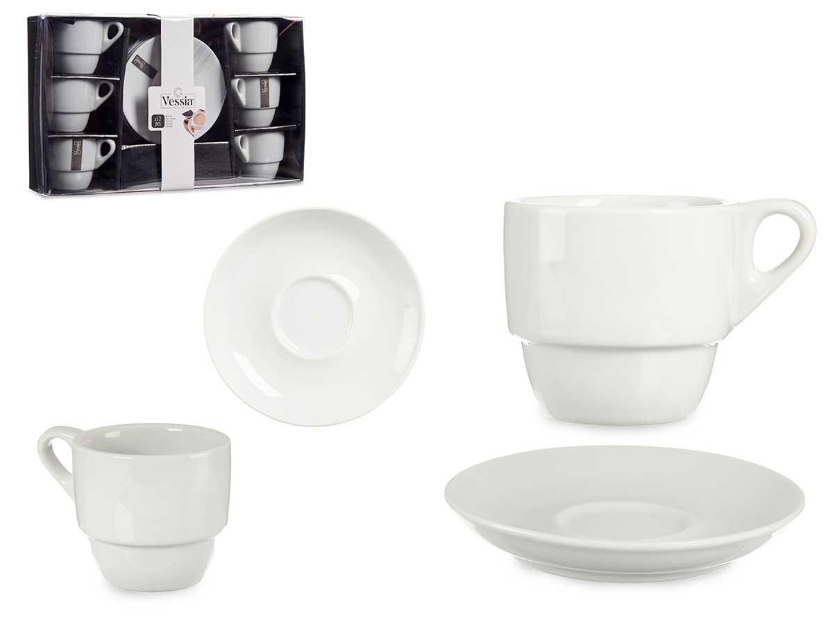 Vessia Set de 6 Tazas de Café con Plato, Porcelana Blanca, 200 ml (6 Unidades)
