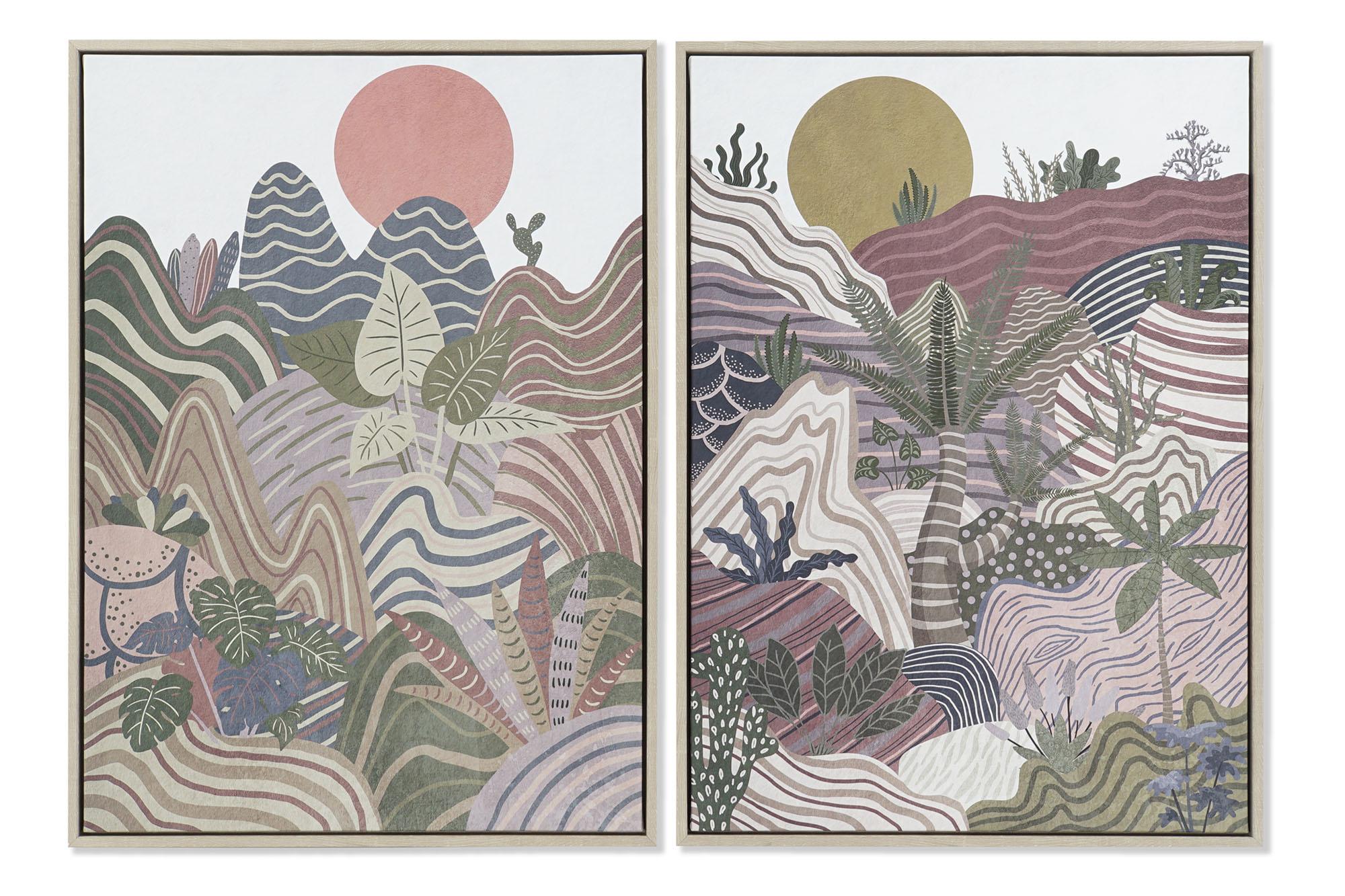 DKD Home Decor Cuadro Boho con Montañas Multicolor Granate de Lienzo y Ps, 73 cm Alto x 53 cm Ancho x 4.5 cm Profundidad (2 Unidades)