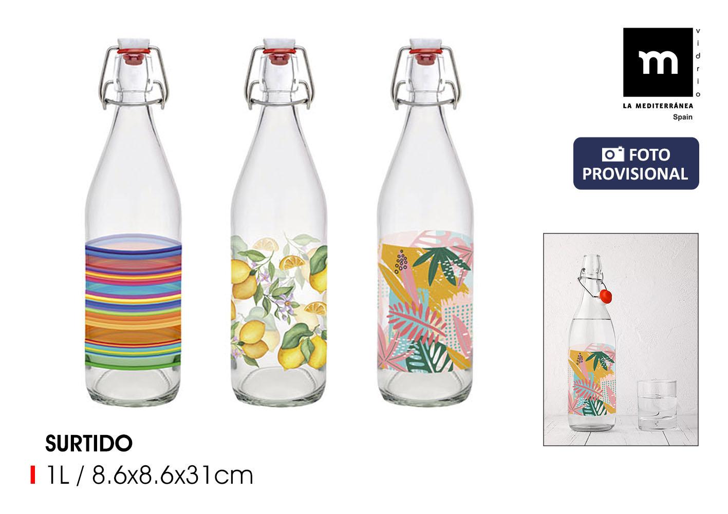 Inde Botella de vidrio 1 litro con tapón hermético Diseño Mecano, 8,25 cm diámetro x 32,2 cm alto, 599 gramos (6 Unidades)