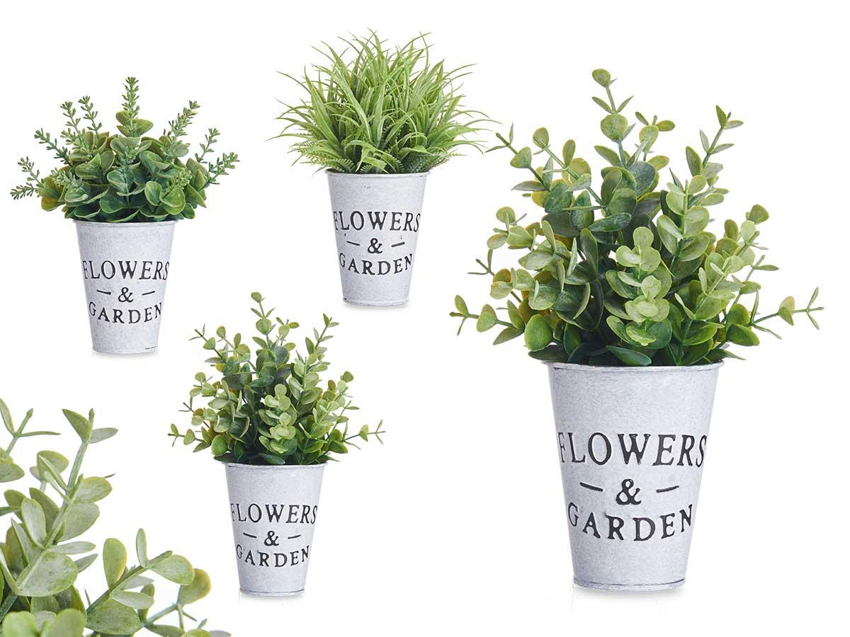 Ibergarden Planta Flor Artificial Verde Envejecida de Plástico y Tela en Bote de Metal, 24 cm de Alto, Maceta de 8 cm, Surtida (12 Unidades)