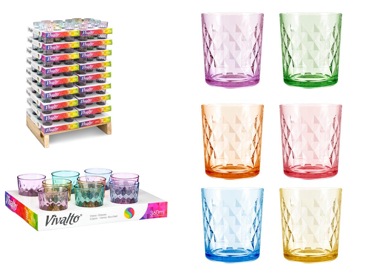 Vivalto Vaso de Vidrio Diamante 360 ml Surtido 6 Colores, 8.5x9.8 cm (162 Unidades)