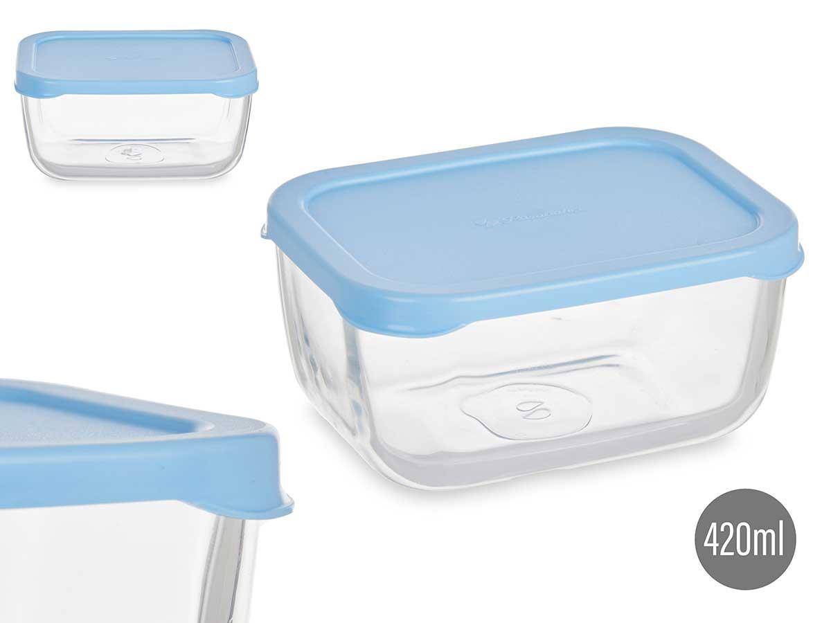 Pasabahce Fiambrera Snow Box Tapa Azul 420 ml, Vidrio y Plástico, 12.5x6x9.5 cm (12 Unidades)