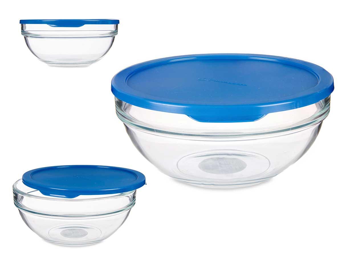 Pasabahce Fiambrera Redonda Chefs con Tapa Azul 1135 ml, Vidrio y Plástico, 17.2x7.6x17.2 cm (4 Unidades)