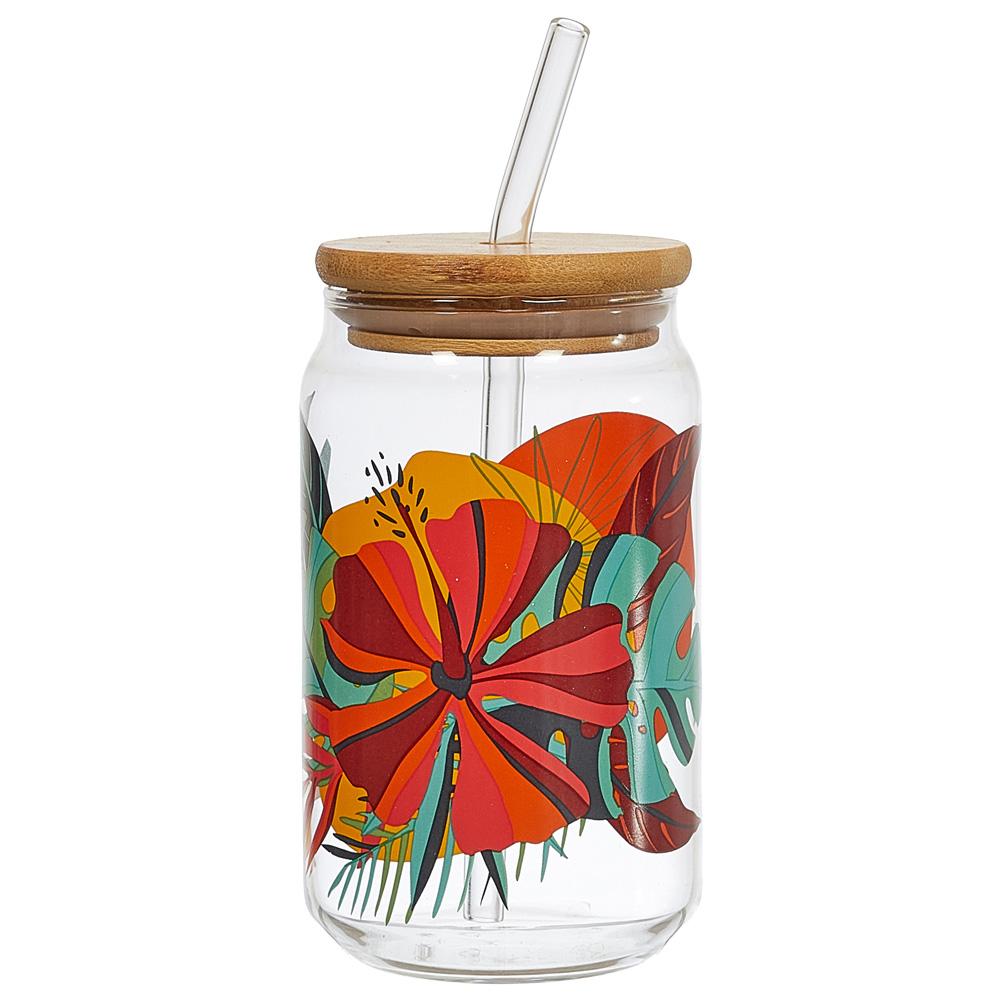 Home Deco Factory Vaso 450 ml con T de bambú y pajita, colección Paradis Exotiqu, vidrio/cristal máquina