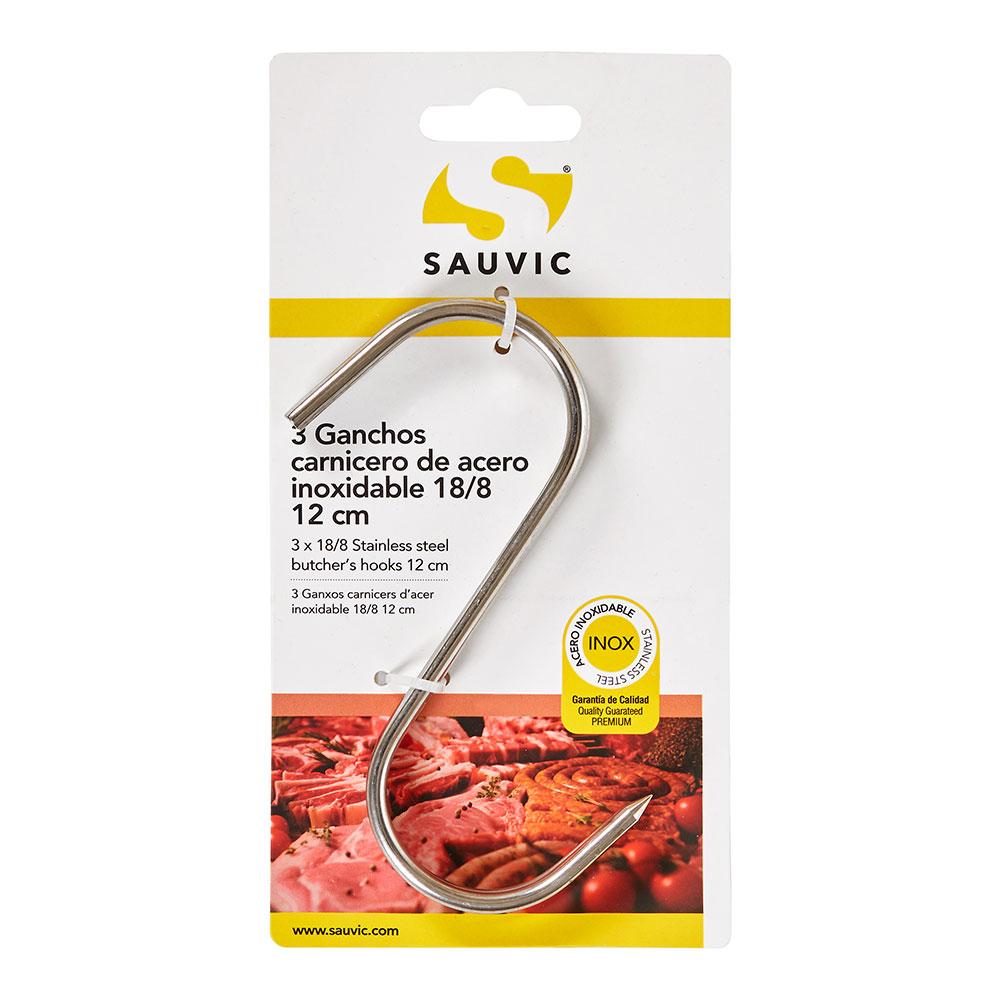 Sauvic Gancho carnicero acero inoxidable 18/8, 12 cm x 4 mm, blister 3 unidades