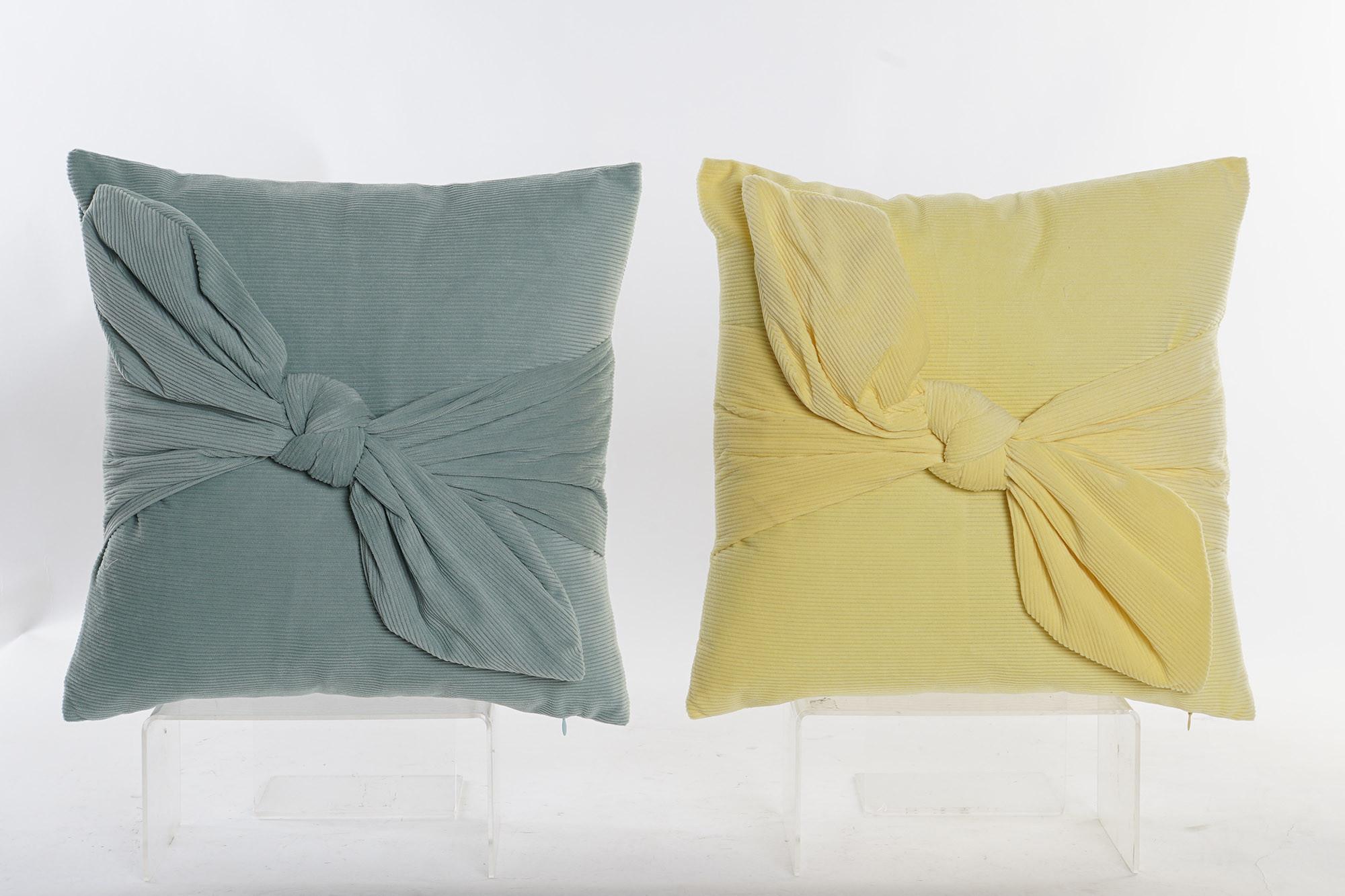 DKD Home Decor Cojín Scandi Poliéster Amarillo y Verde 45x45 cm (4 Unidades) con Lazo y Cremallera