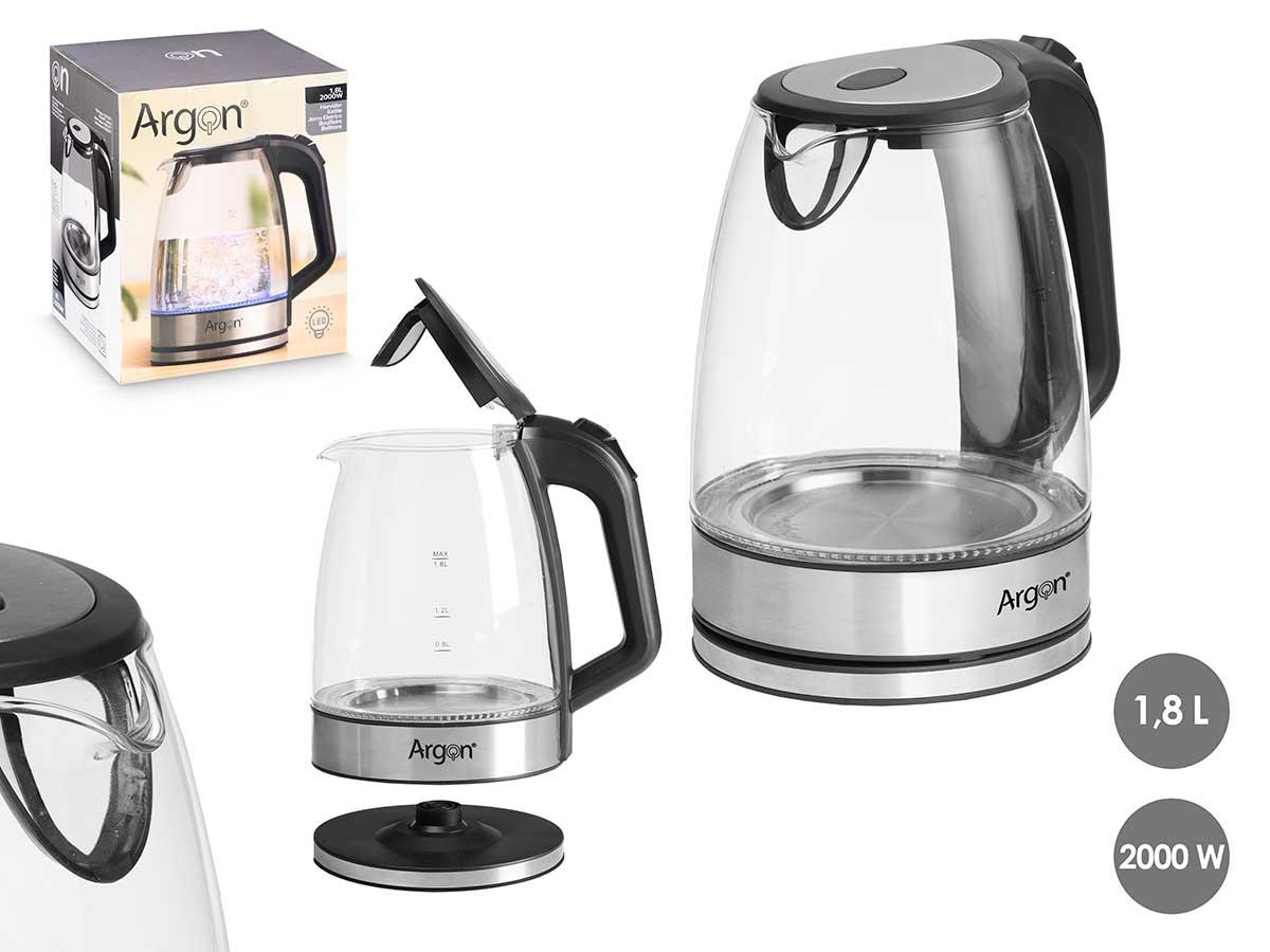 Argon Hervidor de Agua Eléctrico de Cristal y Acero Inoxidable 2000W 1.8L con Apagado Automático (6 Unidades)