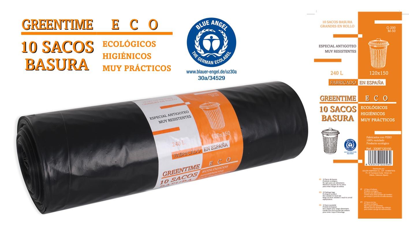 Greentime 10 Sacos de Basura Eco, 120 x 150 cm, 240L, G200 (10 Unidades)