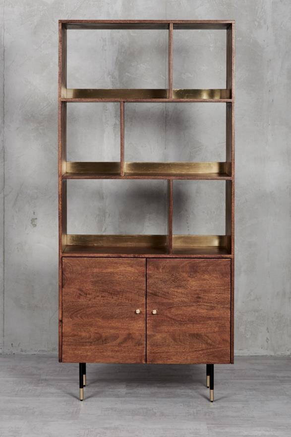 DKD Home Decor Estantería Moderno Marrón Oscuro Dorado, Metal y Madera Mango, 90x35x200cm, con 2 Puertas y 4 Estantes