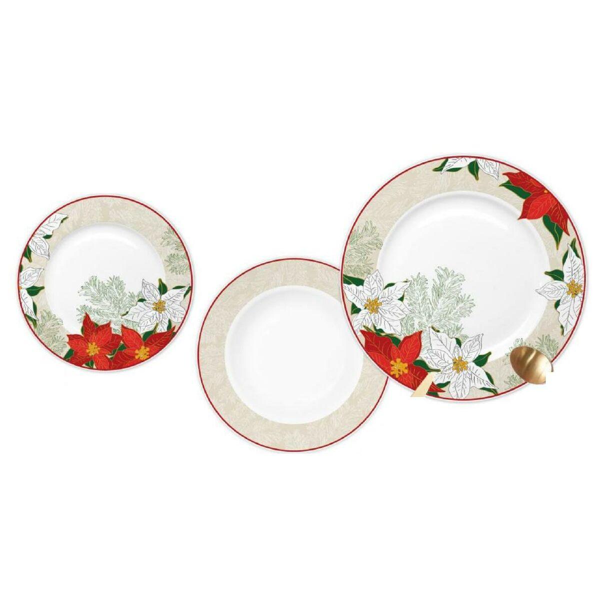 DKD Home Decor Vajilla de Porcelana Navidad Tradicional, Beige y Rojo, Set 18 piezas, Apta para Microondas, Diseño Floral