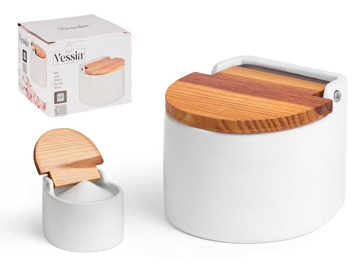 Vessia Salero Blanco Semi Circular de Cerámica y Madera 11x9x11 cm (24 Unidades)