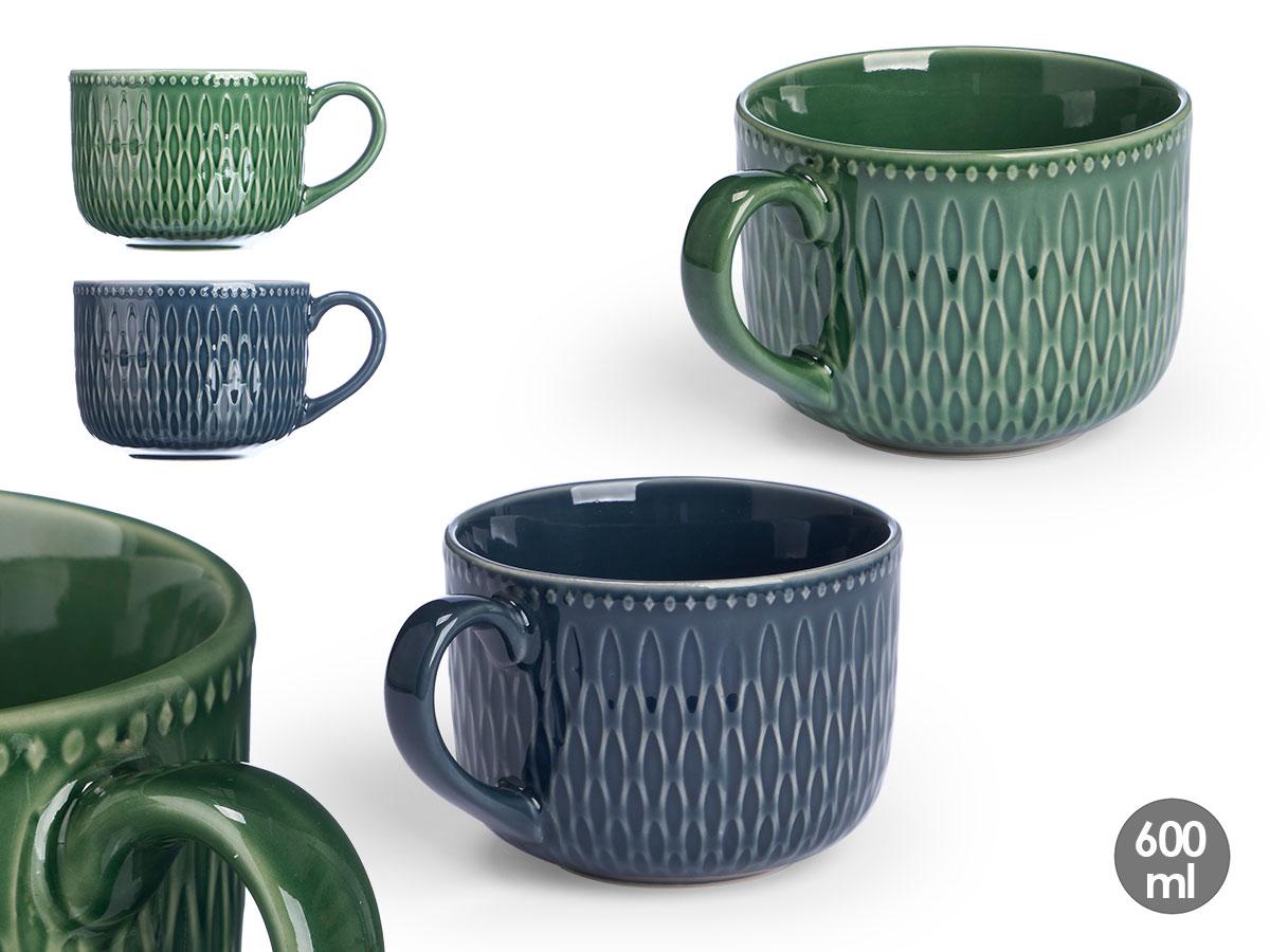 Vessia Tazón de Desayuno Surtido 560 ml de Cerámica Loza en 2 Colores Oscuros (Azul/Verde) - 16x9x12 cm (24 Unidades)