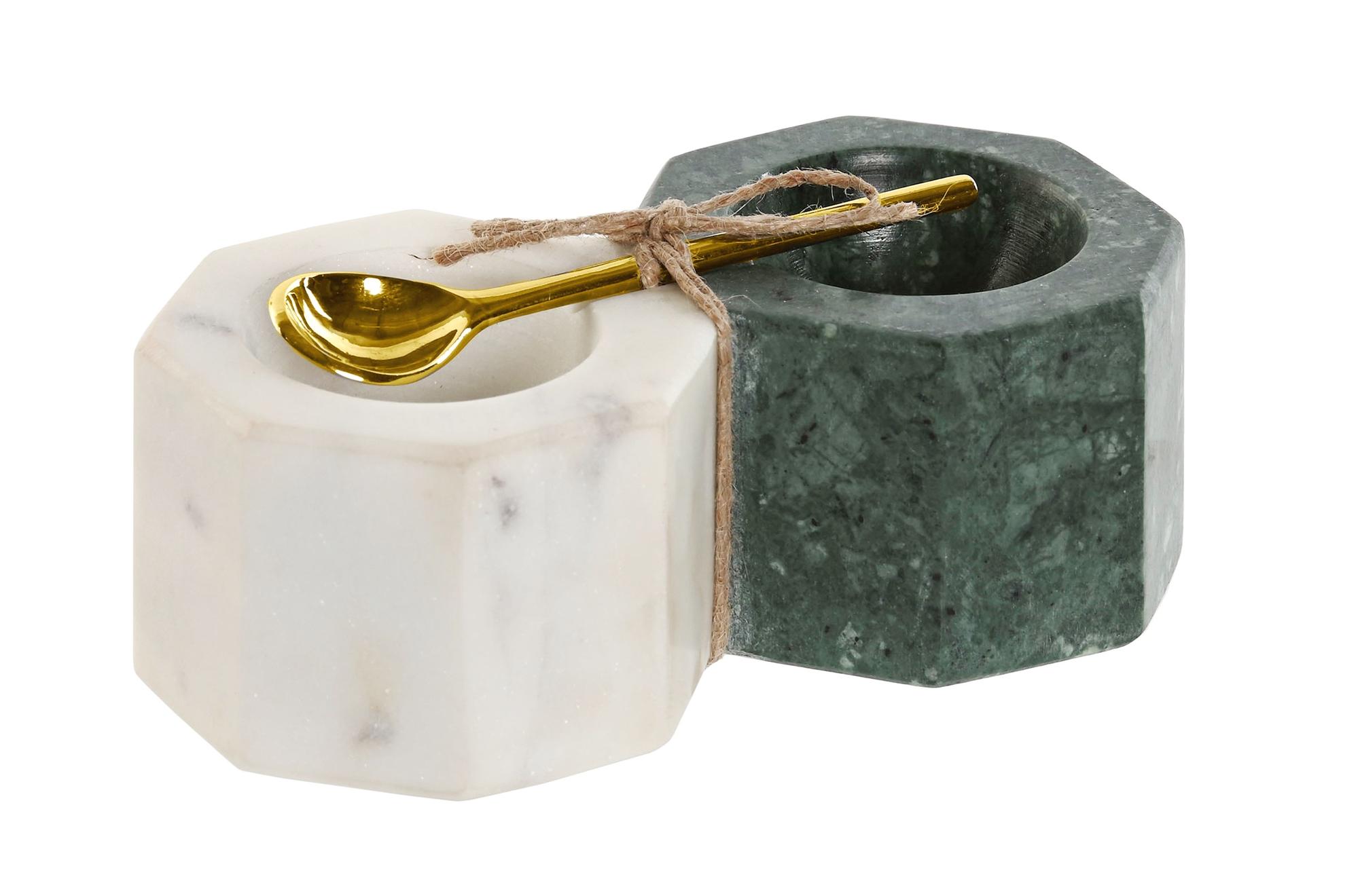 DKD Home Decor Especiero Urban Set de 2 de Mármol y Metal Verde y Blanco 13x6x5 cm con Cuchara