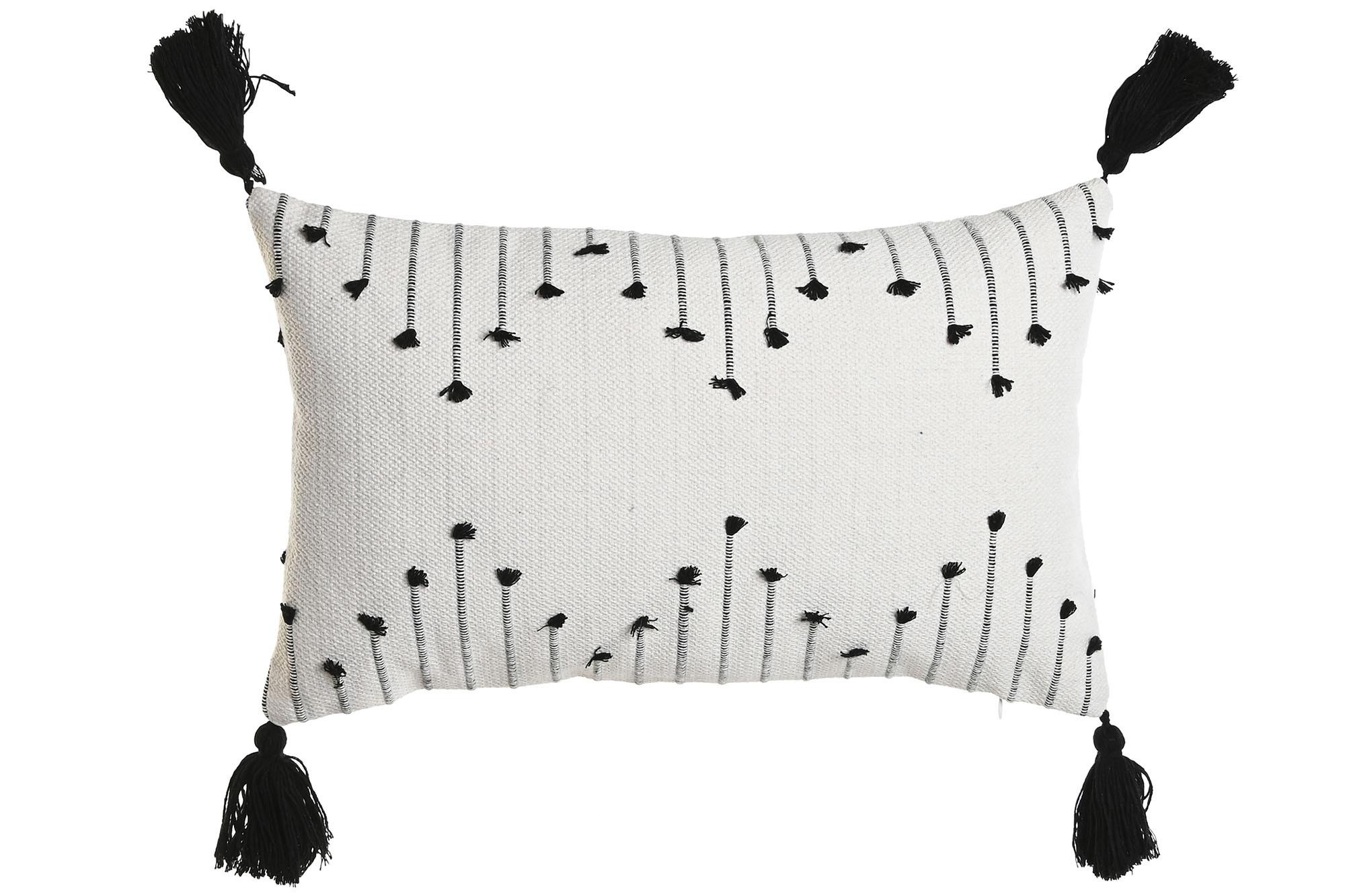 DKD Home Decor Cojín Shabby Blanco Negro 15x50x30 cm. Tejido Algodón Poliéster Bordado Rombos Colección Naturechic23