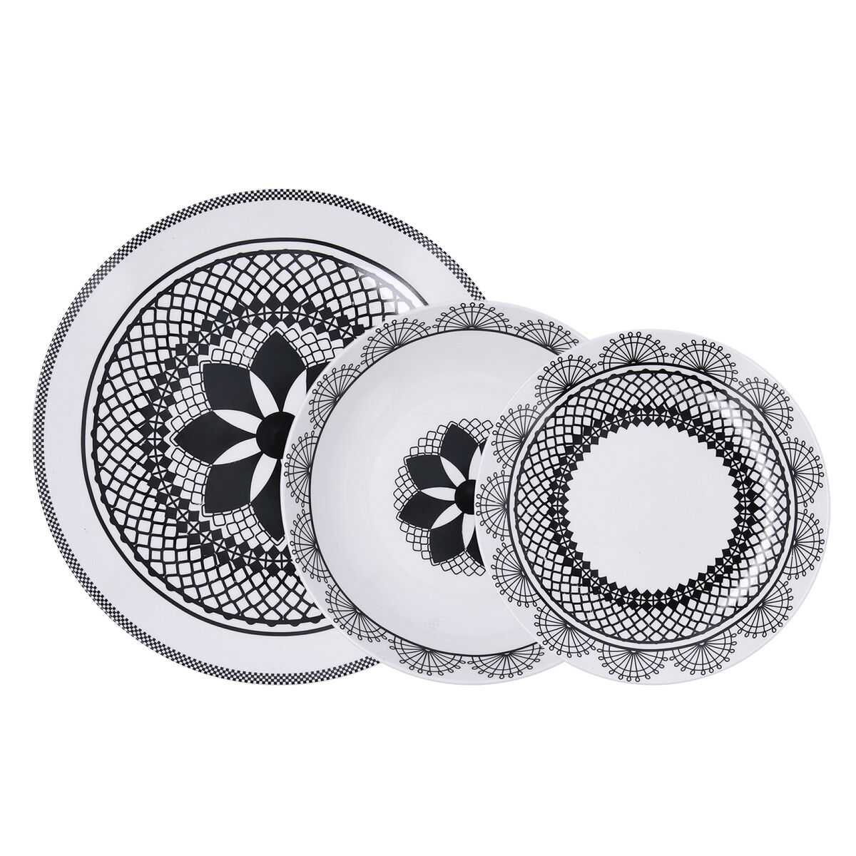 La Bouchée by La Cartuja de Sevilla Vajilla Porcelana Medina 18 Piezas 6 Personas Blanco y Negro Apta Lavavajillas Microondas Apilable