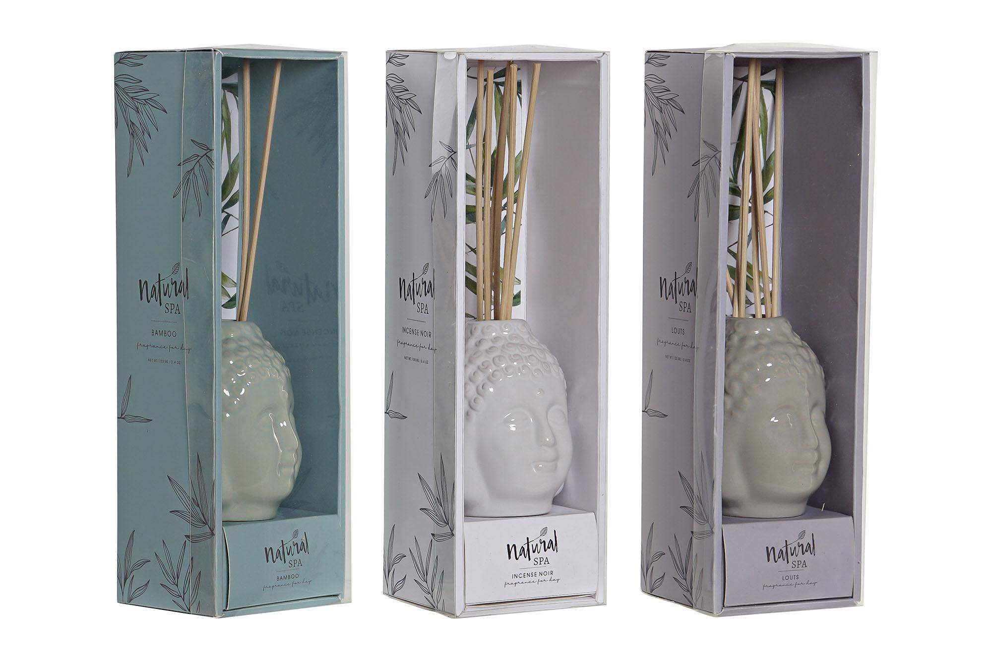 DKD Home Decor Ambientador Mikado Oriental Buda Porcelana Aroma Incienso Loto Bambú 100ml Verde Gris Claro (6 Unidades)