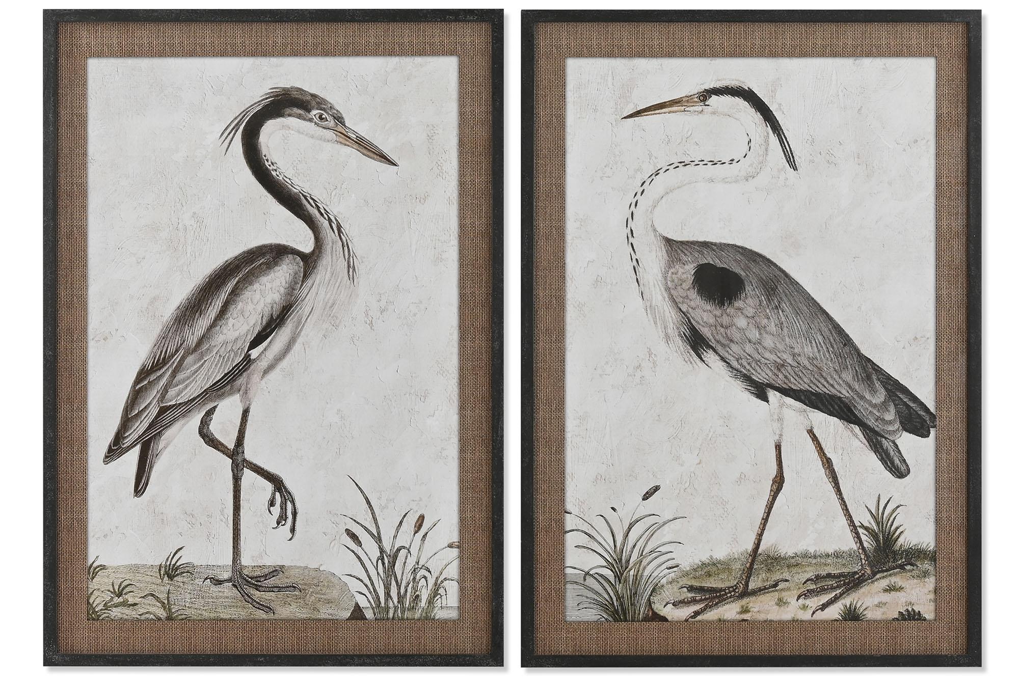 DKD Home Decor Cuadro Oriental Garza Negro Marrón Beige Verde 100x70x4 cm (2 Unidades) Material Abeto y Cristal