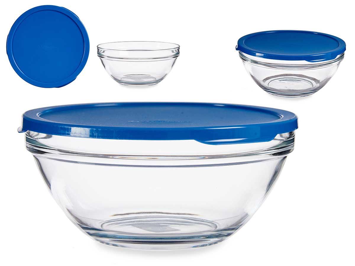 Pasabahce Fiambrera Redonda Chefs con Tapa Azul 2500 ml, Vidrio y Plástico, 23.7x10.1x23.7 cm (4 Unidades)