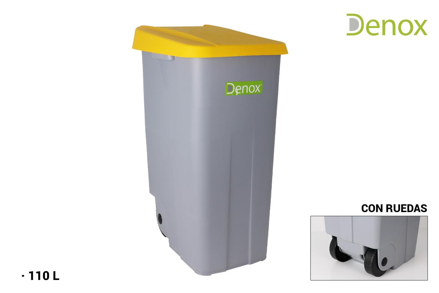 Denox Contenedor de Reciclaje con Ruedas y Asa, 110 Litros, Gris con Tapa Amarilla, Apilable