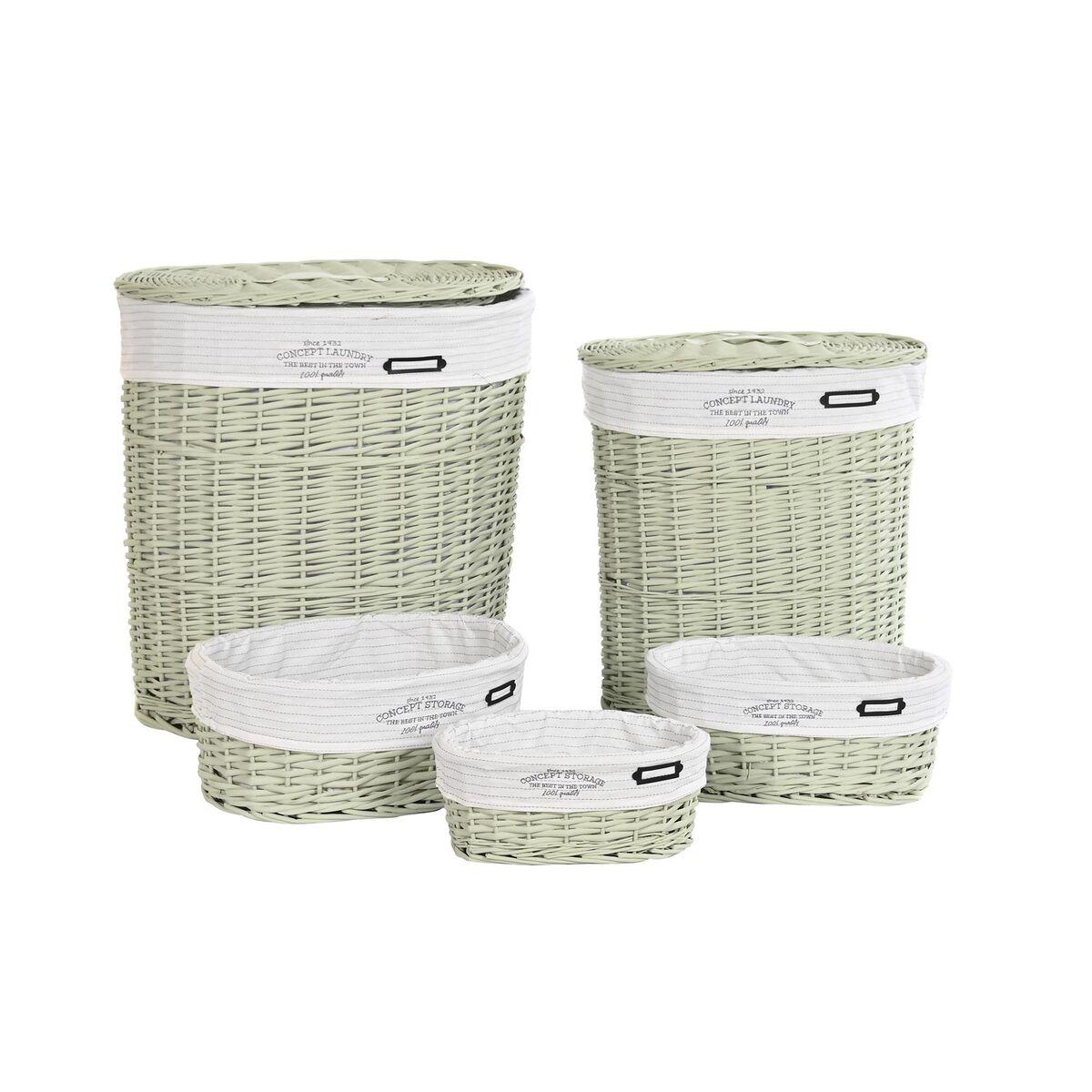 DKD Home Decor Cesta de Ropa Básicos Verde Mimbre y Poliéster Set de 5 - 37x56x51 cm