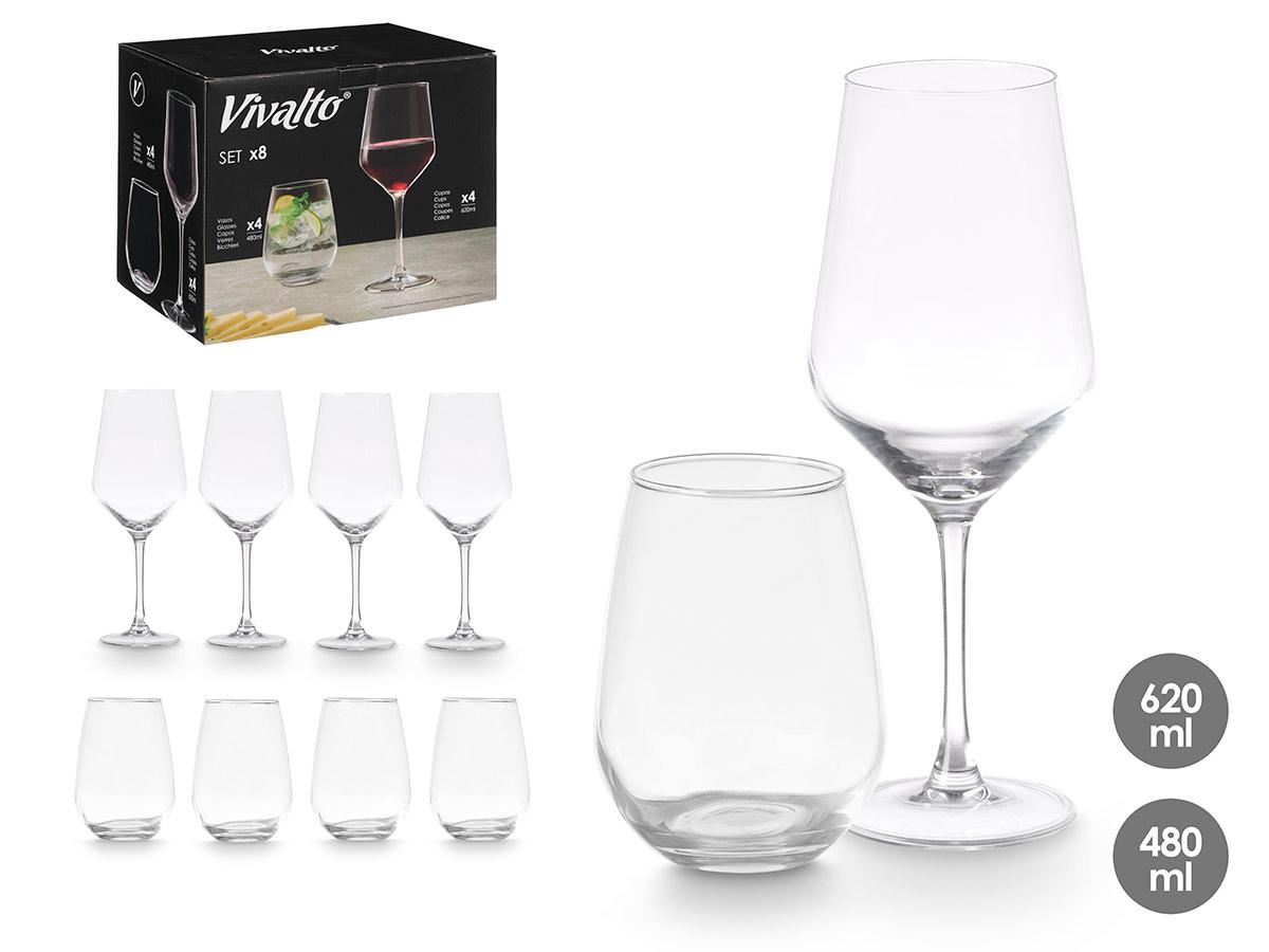 Vivalto Set de 8 Piezas: Vasos de 480 ml y Copas de 620 ml de Vidrio Transparente, 30.5 x 26.5 x 21.5 cm (2 Unidades)