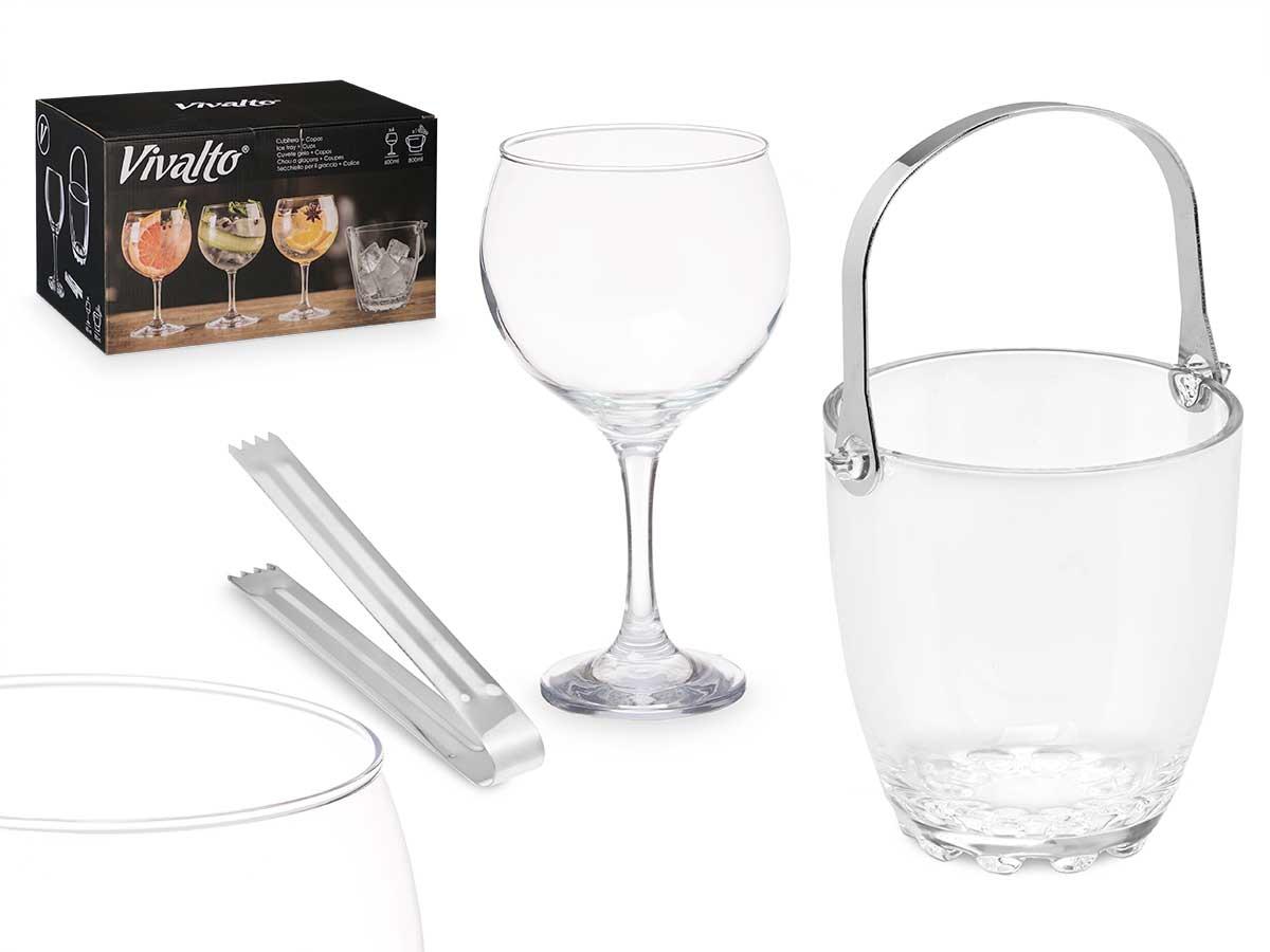 Vivalto Set Cubitera 4 Copas Gin Tonic, Cristal y Metal, 36x21.5x23.5 cm (2 Unidades)