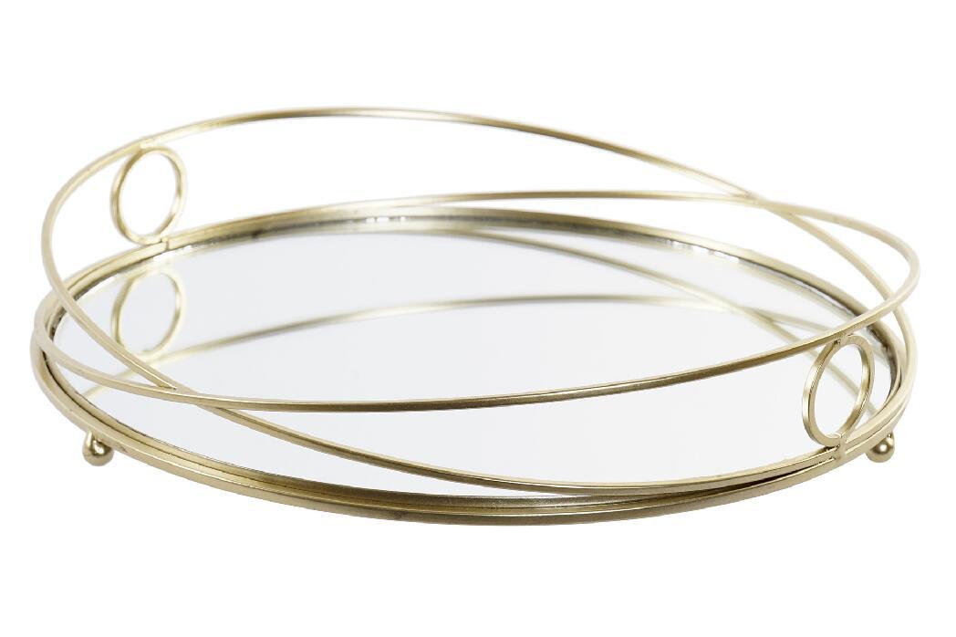 DKD Home Decor Bandeja Decorativa Circular de Metal y Espejo, Color Dorado, Diseño Chic, 28x28x4.5 cm, Pack de 2 Unidades
