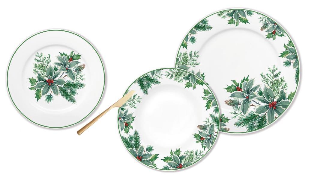 DKD Home Decor Vajilla Navidad Alpina de Porcelana Verde Blanco 18 Piezas, Diseño Hojas, 27 cm, Apta Microondas