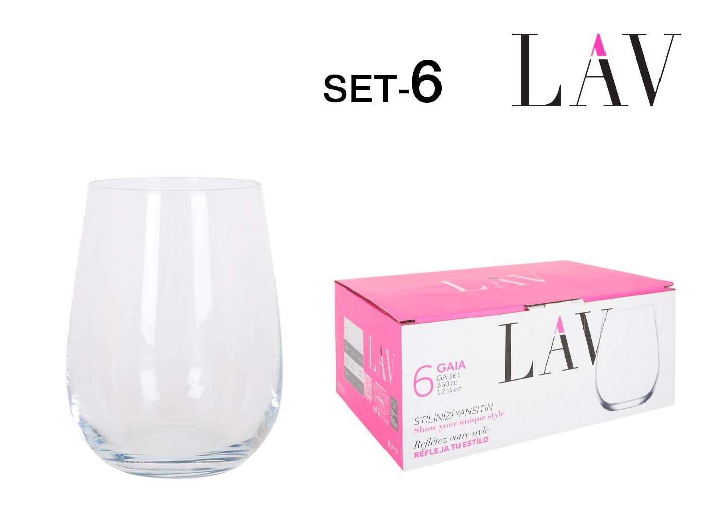 Lav Set de 6 Vasos 360 ml Colección Gaia - Medidas 6.5 x 8 x 10 cm (8 Cajas)