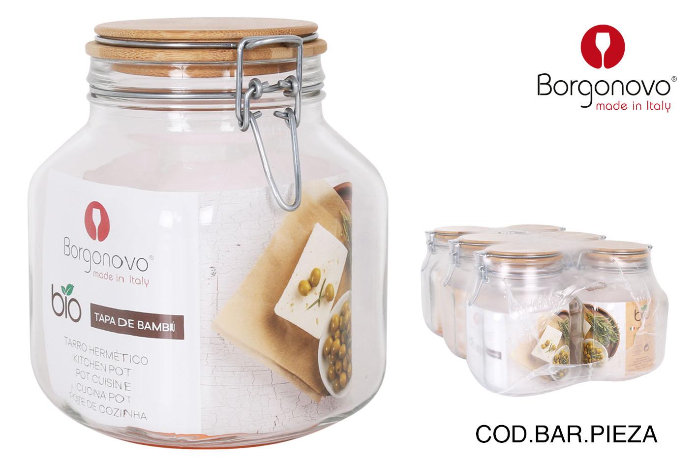 Borgonovo Tarro Hermético Primizie 2000 cc Tapa Bambú 13x13x17.5 cm (6 Unidades)