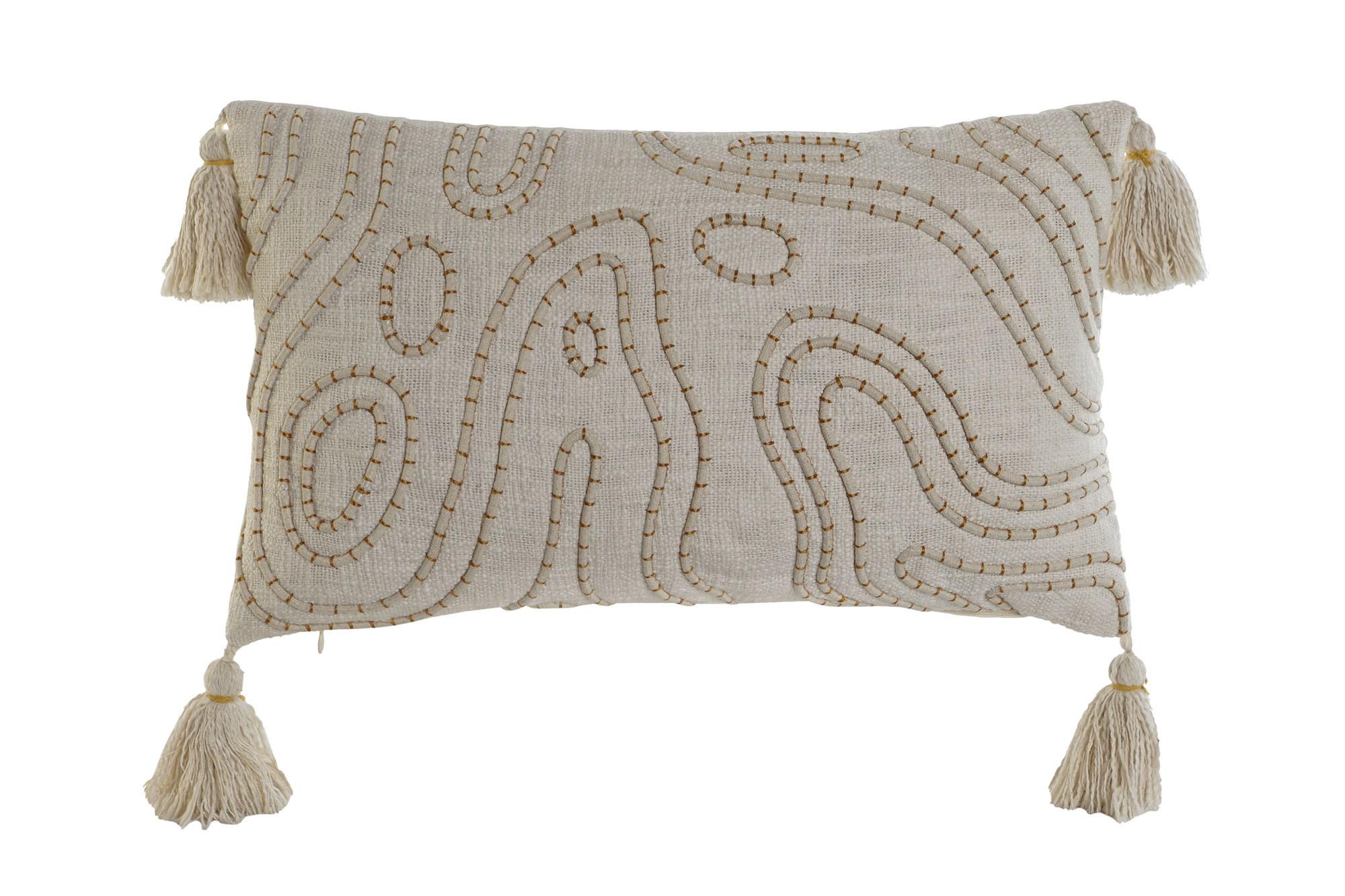 DKD Home Decor Cojín Crudo Algodón Poliéster Bordado 50x15x30 cm con Cremallera Colección Flecos23 (2 Unidades)