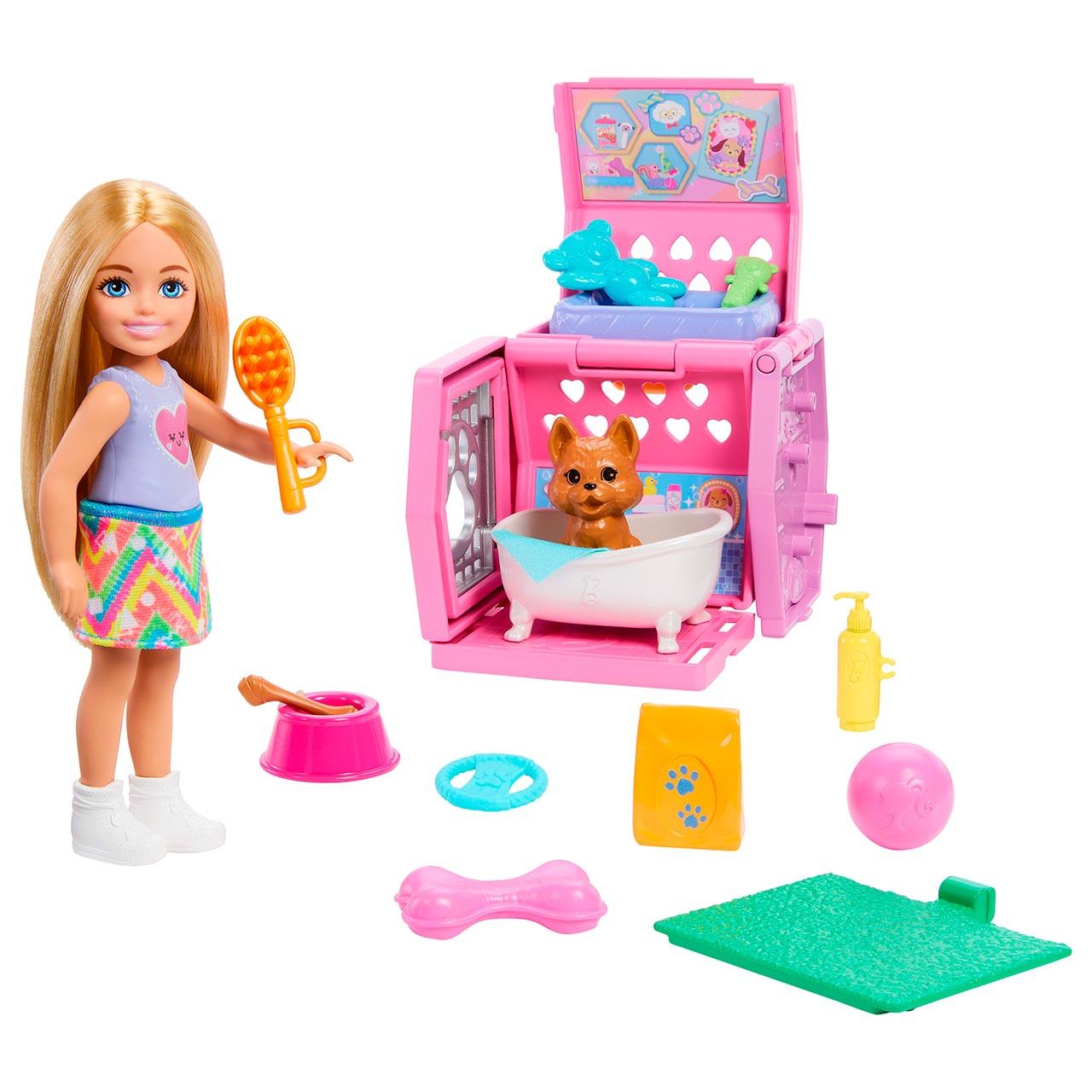 Barbie Jdf89 Muñeca Chelsea con Cachorro y Transportín Transformable 4 Zonas de Juego: Baño, Cama y Accesorios para Cuidado de Mascotas