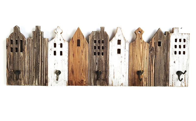 DKD Home Decor Perchero de Pared Estilo Atlántico en Marrón y Blanco, Fabricado en Paulownia y Metal, con Diseño de Casas - 91 cm de Ancho