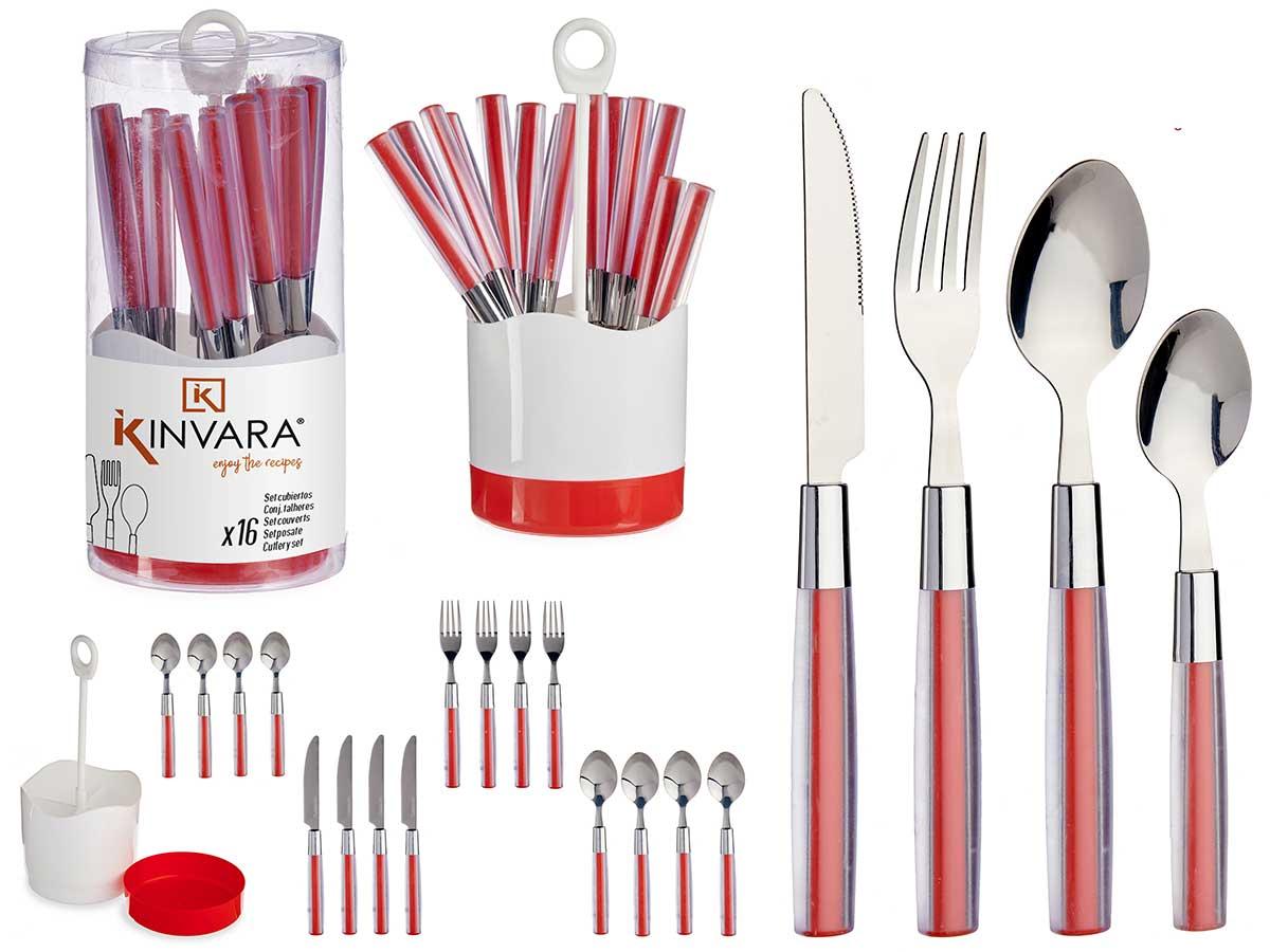 Kinvara Set de 16 Cubiertos de Acero Inoxidable con Mango de PS Rojo, 11x25x11 cm (8 Unidades)