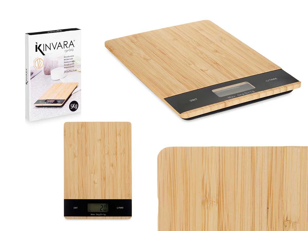 Kinvara Báscula Digital de Bambú 5 kg, 15x21x2 cm, Natural/Negro (6 Unidades)