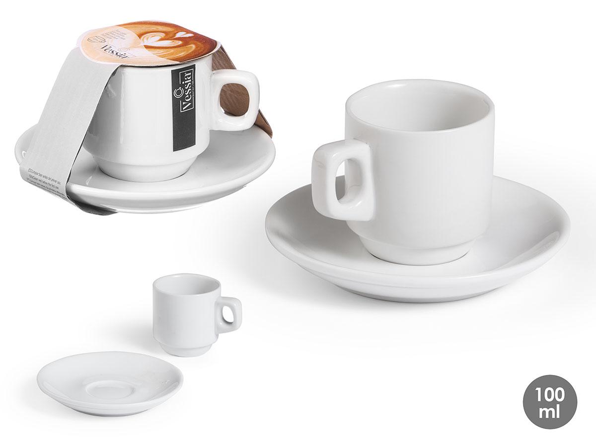 Vessia Taza y Plato de Café de Porcelana Blanca 100 ml, Medidas 12x7x12 cm (24 Unidades)