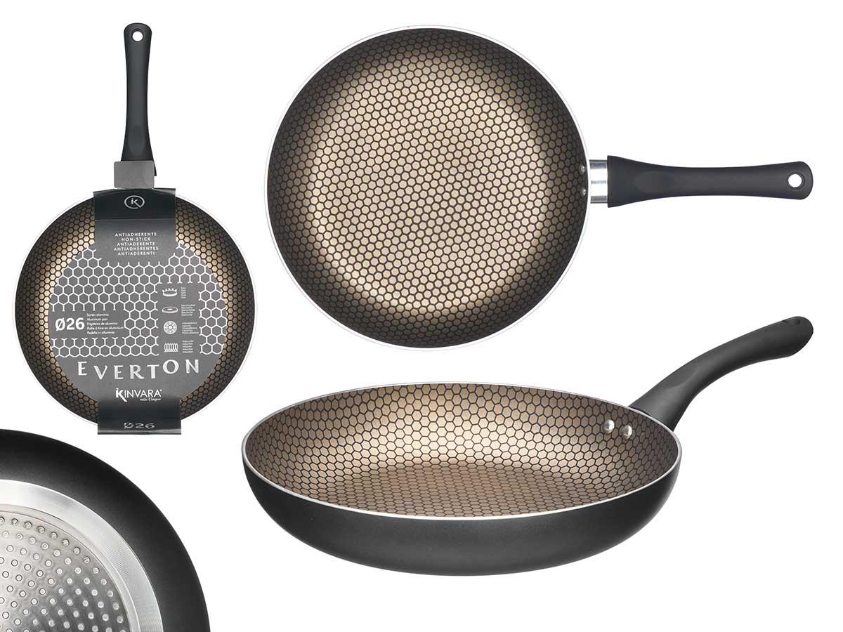 Kinvara Sartén Antiadherente Panel Abeja Inducción 26 cm Negro Aluminio 3 Capas Esmaltado Mango Soft-touch (6 Unidades)