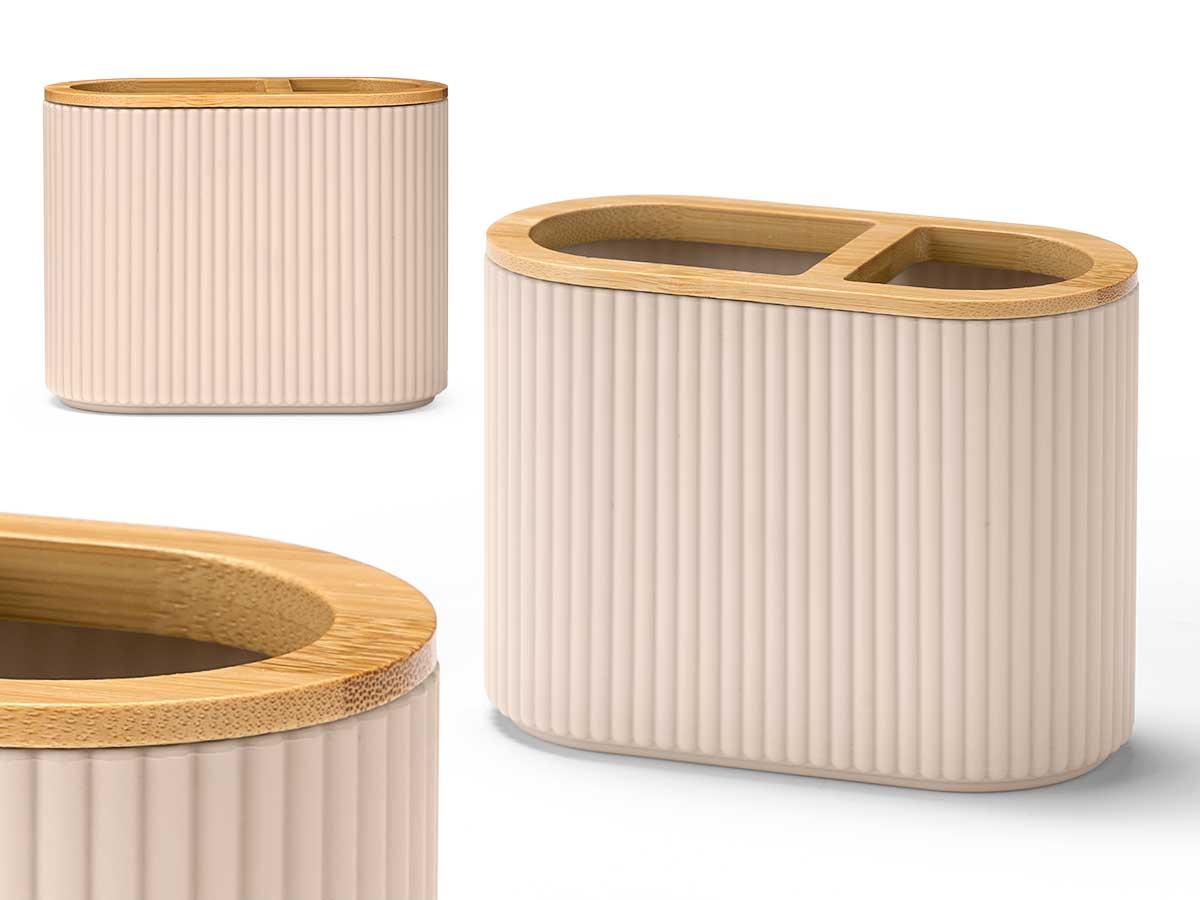 Berilo Portacepillos Doble con Rayas Beige de Bambú y Plástico PP, 13 x 10.2 x 6.6 cm (24 Unidades)