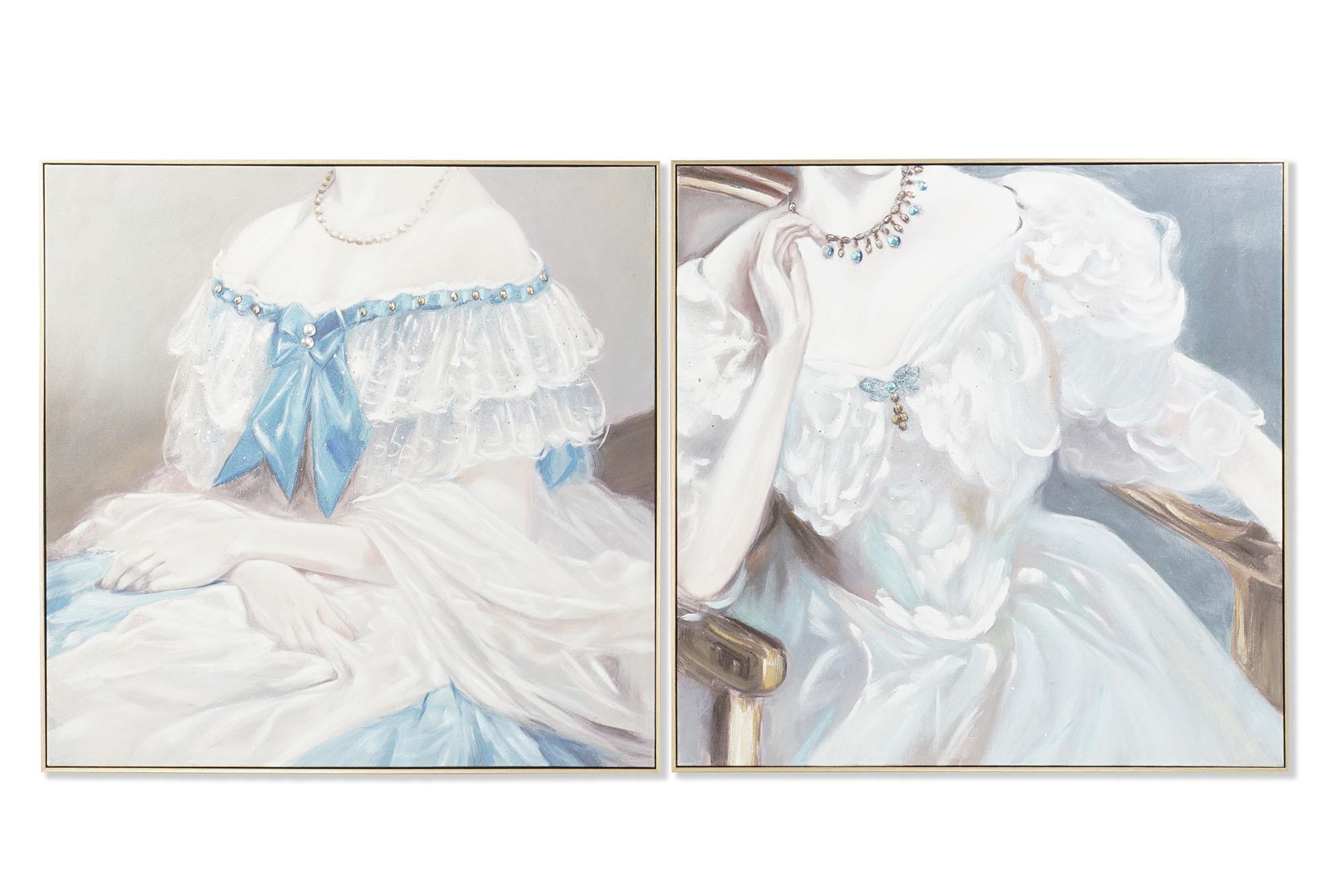 DKD Home Decor Cuadro Tradicional Mujer Pintado a Mano Lienzo Pino Multicolor Azul Blanco 102x102x4.5 cm (2 Unidades)