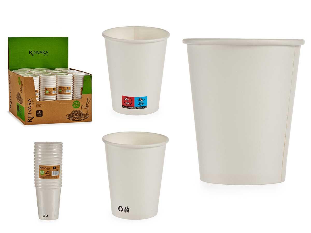 Kinvara - Set de 15 Vasos Biodegradables de 240 ml, Papel Compostable, 7x15x7 cm (64 Unidades)