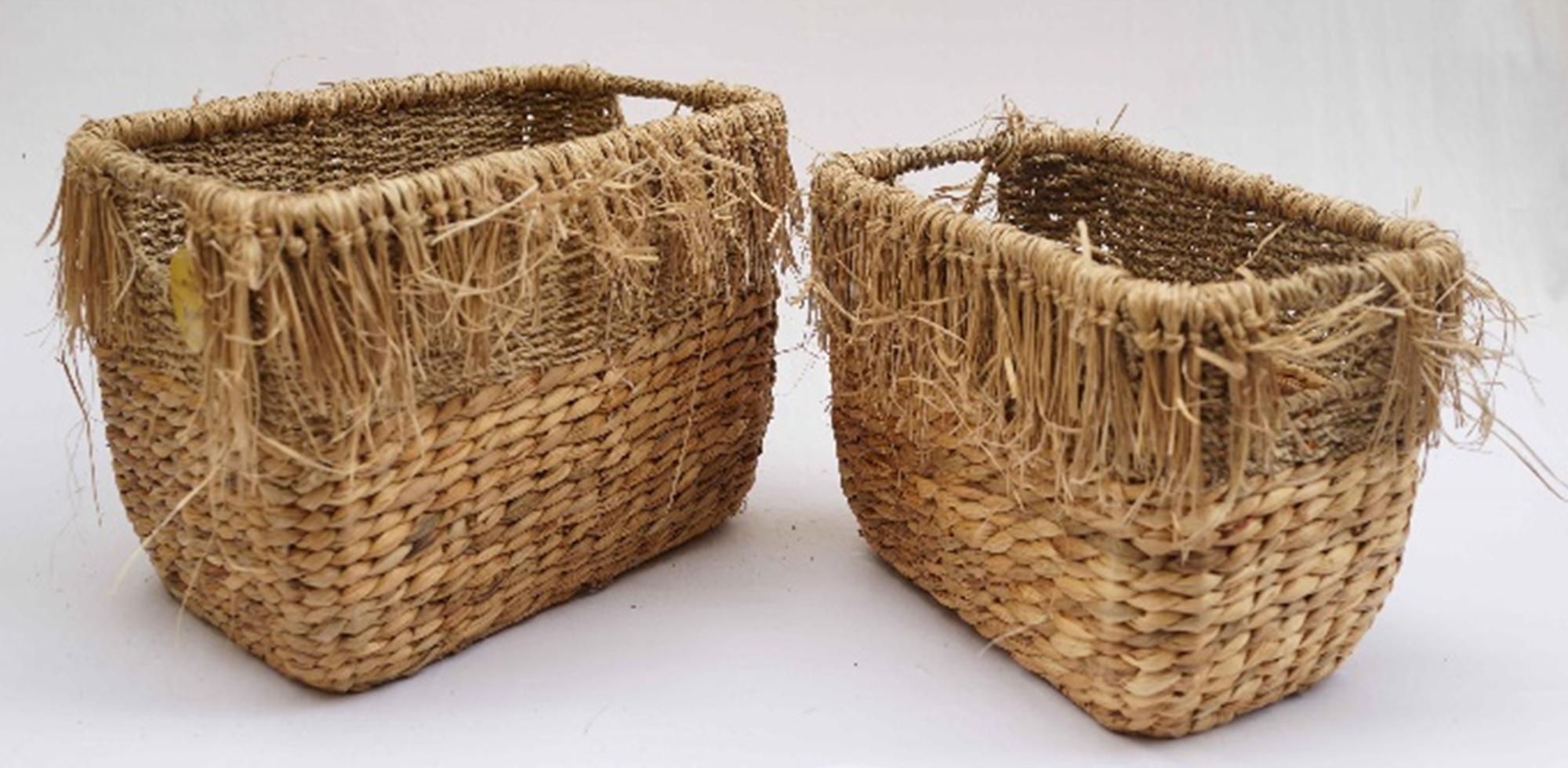 DKD Home Decor Cesta de Almacenamiento Colonial de Junco con Flecos Marrón - Medidas 30x40x26 cm (Set de 2 Piezas)