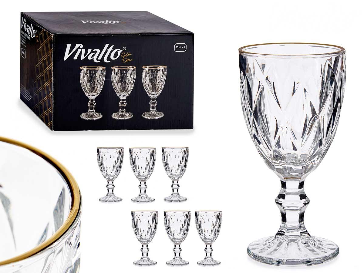 Vivalto Copa de Vino Diamante Filo Oro 330 ml - Vidrio Transparente con Detalles en Oro (36 Unidades)