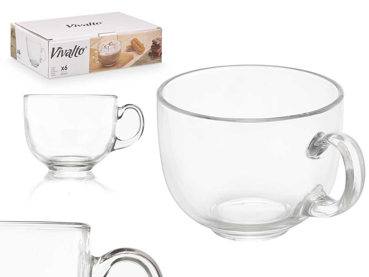 Vivalto Tazón de Desayuno de Cristal con Asa, 470 ml, 13.5x8.5x10.8 cm (48 Unidades)